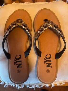 NYC Black Embellished Thong Sandals - Women's Casual Flip Flops